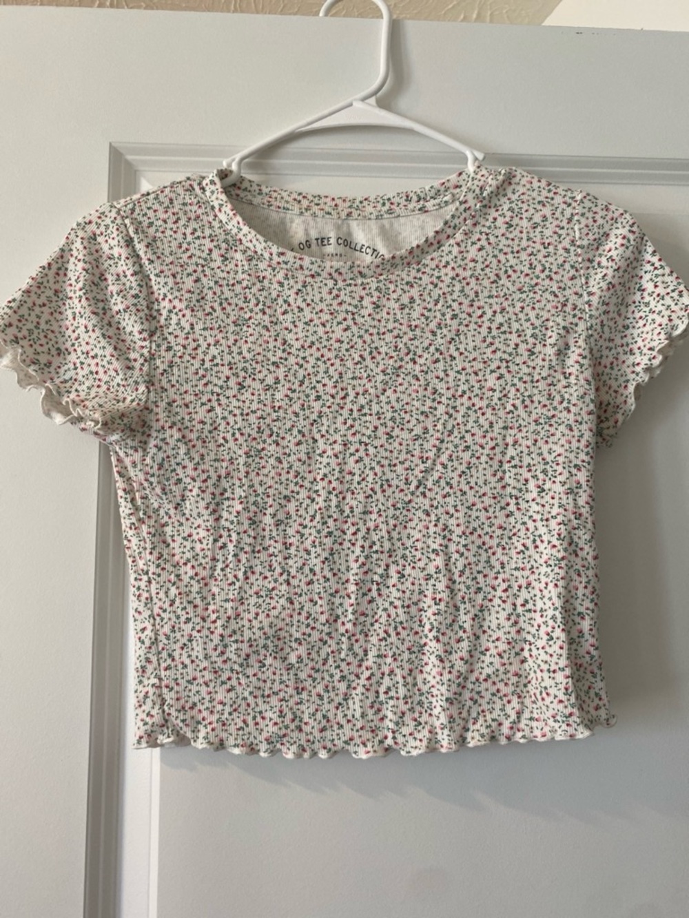 Floral Lettuce-Edge Tee - White with Pink & Green Buds